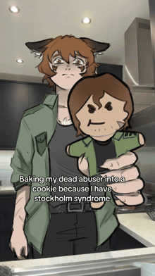 a cartoon of a man holding a cookie with the words baking my dead abuser into a cookie