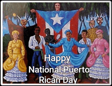 a painting of a group of people holding a flag and the words happy national puerto rican day