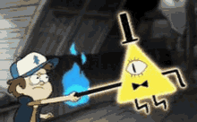 a cartoon character is holding a wand in front of a triangle with a face on it .