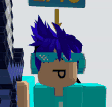 a cartoon character with blue hair is wearing sunglasses and holding a sign with the letter p on it