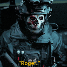 a man with a skull on his face is wearing a backpack that says " roger " on it