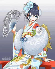 a drawing of a girl in a kimono holding a fan with the hashtag @alainpld