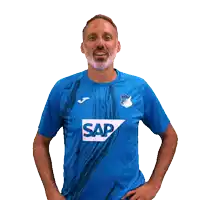 a man wearing a blue shirt that says sap