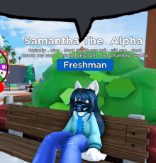 a cartoon character is sitting on a bench with a speech bubble that says samantha the alpha