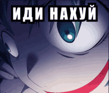 a close up of a person 's face with the words " иди нахуй " written above it