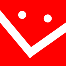 a red background with two white circles and a white line