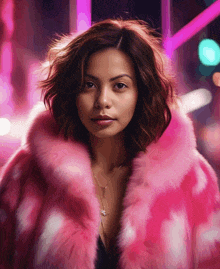 a woman wearing a pink fur coat and necklace