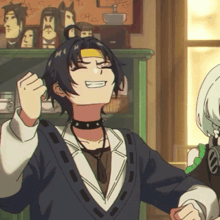 a cartoon character with a choker on his neck is smiling