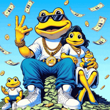 a cartoon of a frog sitting on a pile of money with a peace sign