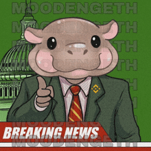 a cartoon of a pig in a suit and tie giving a thumbs up with the words breaking news on the bottom