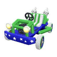 a green and blue toy car with a steering wheel on a white background