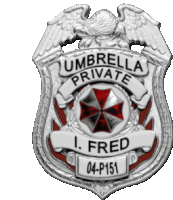 a badge that says umbrella private with a red umbrella on it