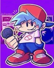 a cartoon boy is holding a microphone in his hand .