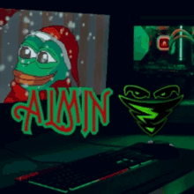 a computer monitor with a green frog on it and the word aimin