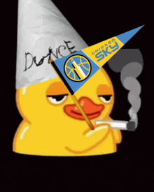 a yellow rubber duck wearing a party hat and holding a chicago sky banner