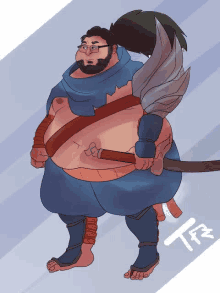 a fat man with a beard and glasses is holding a sword and a sword .