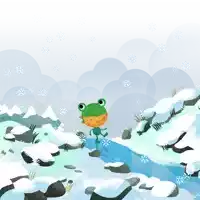 an illustration of a frog walking across a snowy stream