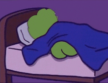 a cartoon frog is sleeping on a bed under a blue blanket