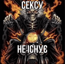 a skeleton is riding a motorcycle with flames behind him and giving the middle finger .