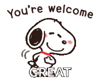 a cartoon of snoopy with the words you 're welcome great below him