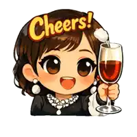 a cartoon girl is holding a glass of wine and cheering