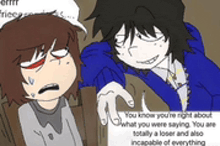 two cartoon characters are talking to each other and one is pointing at the other