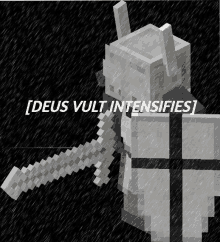 a minecraft character holding a sword and shield with the words deus vult intensifies