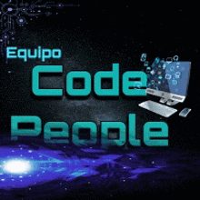 the logo for equipo code people with a computer in the background