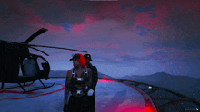 a woman with red hair is standing in front of a helicopter in a video game