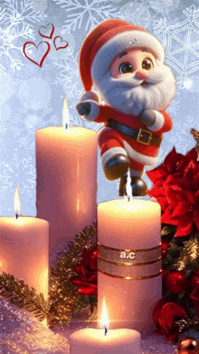 a cartoon santa claus is standing on a candle