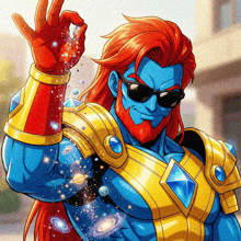 a cartoon drawing of a man with a red beard and sunglasses