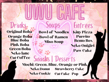 a menu for a uwu cafe with cats on it