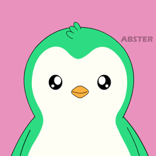 a green penguin with a yellow beak is on a pink background with abster written below it