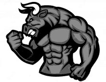 a black and white drawing of a muscular bull with a fist in the air