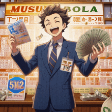 a man in a suit and tie holds a bunch of money in front of a musu bola sign