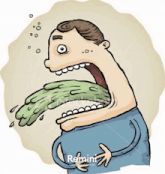 a cartoon of a man holding his stomach with the word remini on the bottom