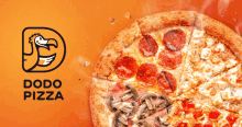 a pizza with a dodo pizza logo in the background