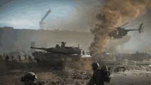 a helicopter is flying over a battlefield with tanks and soldiers