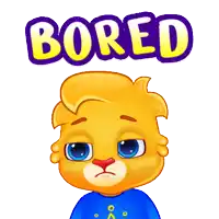 a cartoon lion with a blue shirt and the word bored behind him