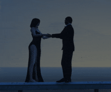 a man in a suit and a woman in a dress are holding hands in front of the ocean