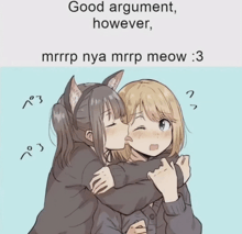 a girl with cat ears kisses another girl 's cheek