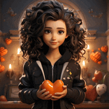 a girl with curly hair is holding a heart shaped object