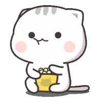 a cartoon cat is eating popcorn from a yellow container