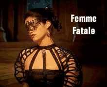 a woman wearing a mask with the words femme fatale on the bottom