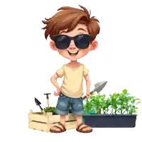 a boy wearing sunglasses is holding a shovel next to a box of plants