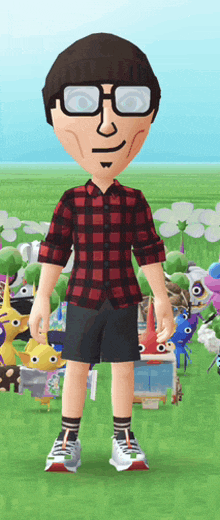 a cartoon character in a plaid shirt and shorts