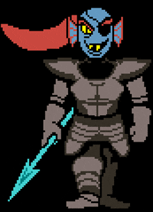 a pixel art drawing of a knight with a blue sword