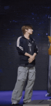 a person standing on a stage with their hands up