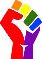 a colorful fist with rainbow colored squares on a white background