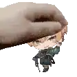 a hand is petting a chibi boy with a gun on his head .